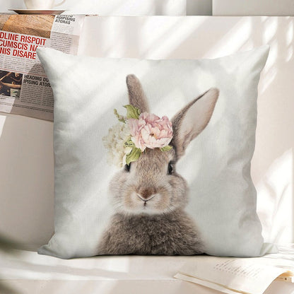 Peek-a-boo Floral Bunny Linen Throw Pillow Cover