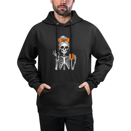 Womens Halloween Skeleton Messy Bun Coffee Funny Spooky Mom Adjustable Hood Hoodie
