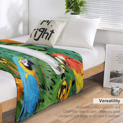 Parrots Bird Jungle Palm Monstera Leaves Throw Blanket