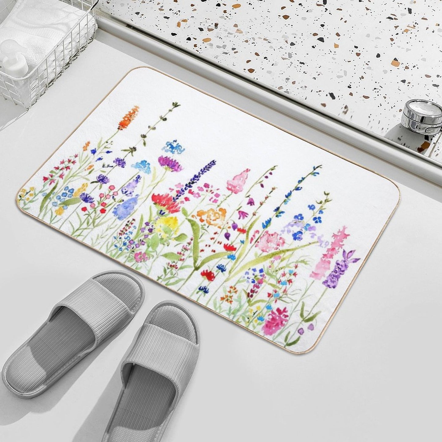 Hand Painted Colorful Wild Flower Field Bath Mat