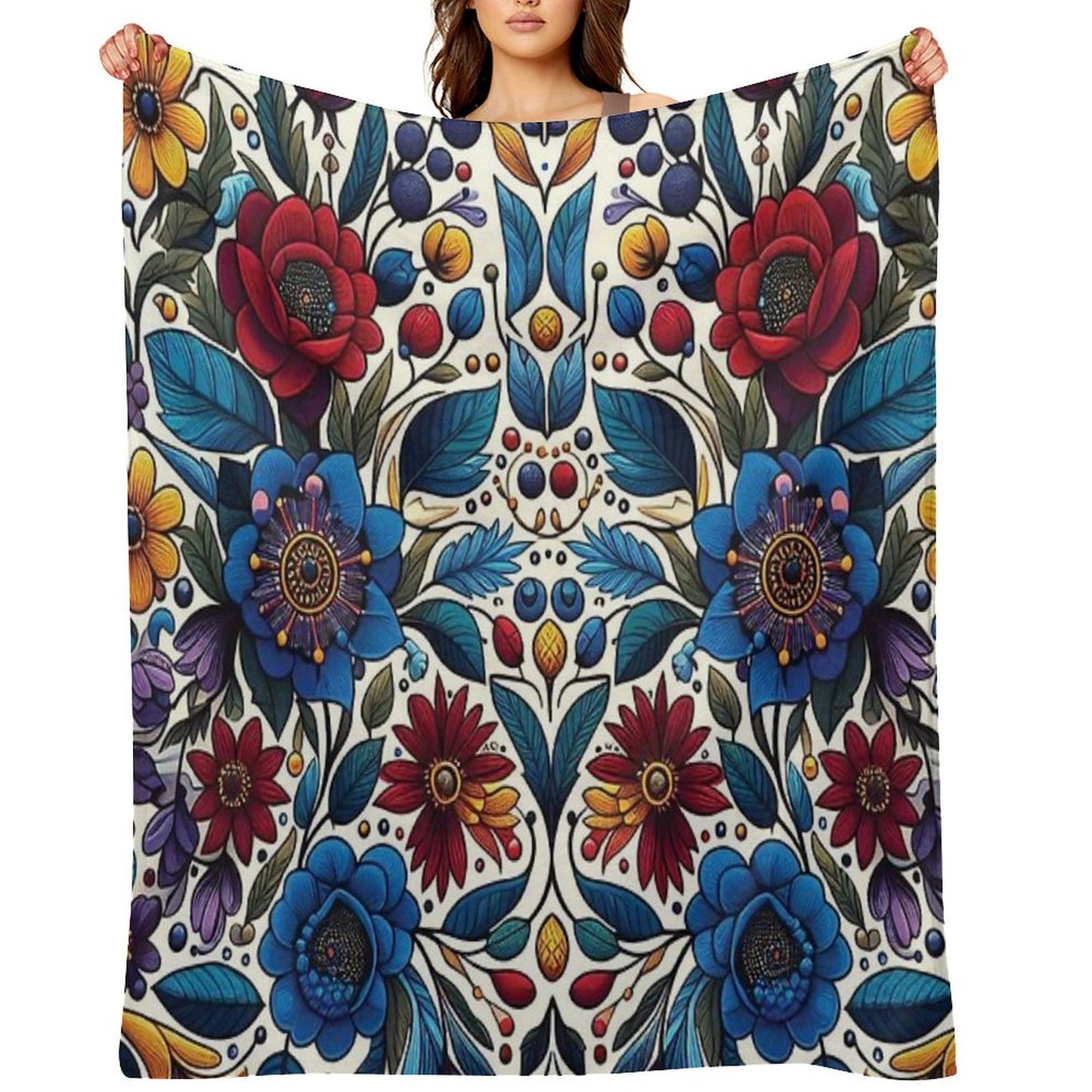 Deep Blue Ojibwe Bloom – Indigenous Floral Folk Art Throw Blanket