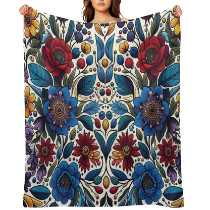 Deep Blue Ojibwe Bloom – Indigenous Floral Folk Art Throw Blanket