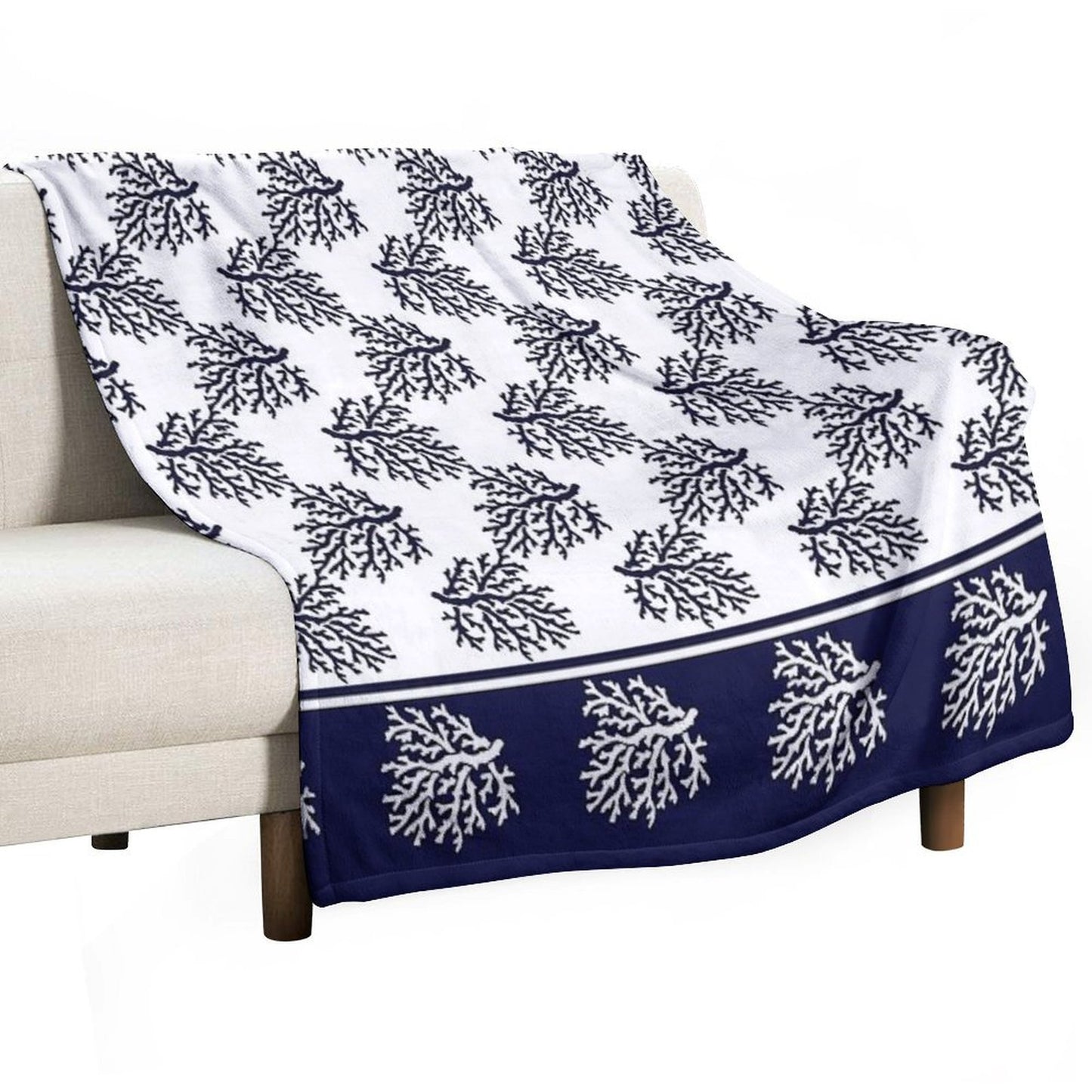 White And Navy Blue Corals Pattern Throw Blanket