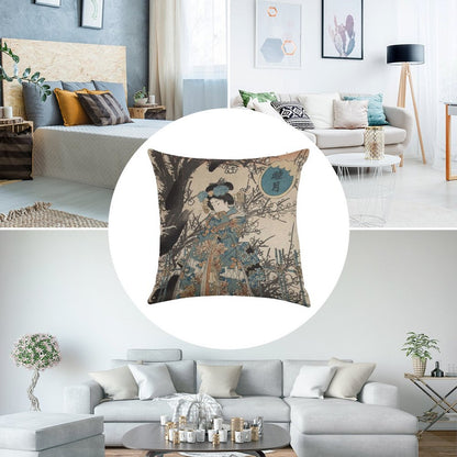 Classic Vintage Ukiyo-e Japanese Art Geisha Portrait Linen Throw Pillow Cover