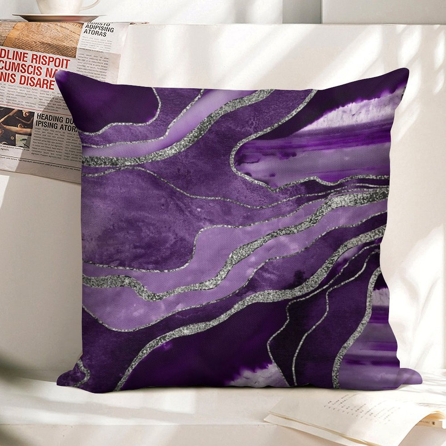 Purple Marble Agate Silver Glam #1 (Photo of Glitter Only - Not Reflective) Linen Throw Pillow Cover