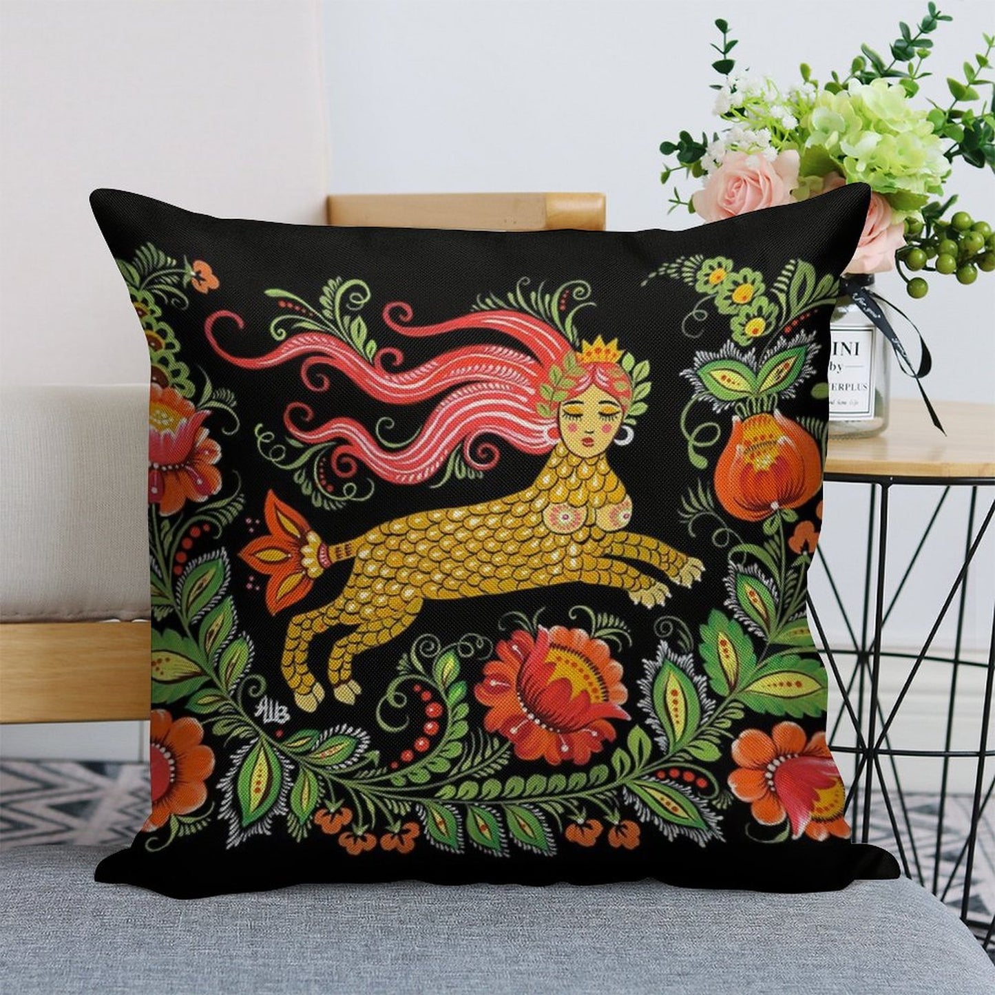 Magical Creature Folk Art (Lamia) Linen Throw Pillow Cover