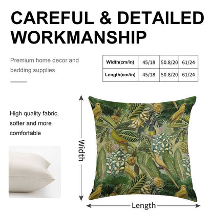Vintage Green Tropical Bird Jungle Botanical Night Garden Nightgarden Linen Throw Pillow Cover