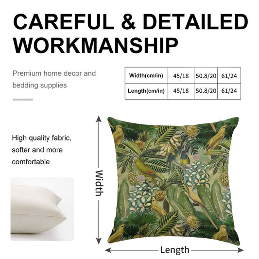 Vintage Green Tropical Bird Jungle Botanical Night Garden Nightgarden Linen Throw Pillow Cover