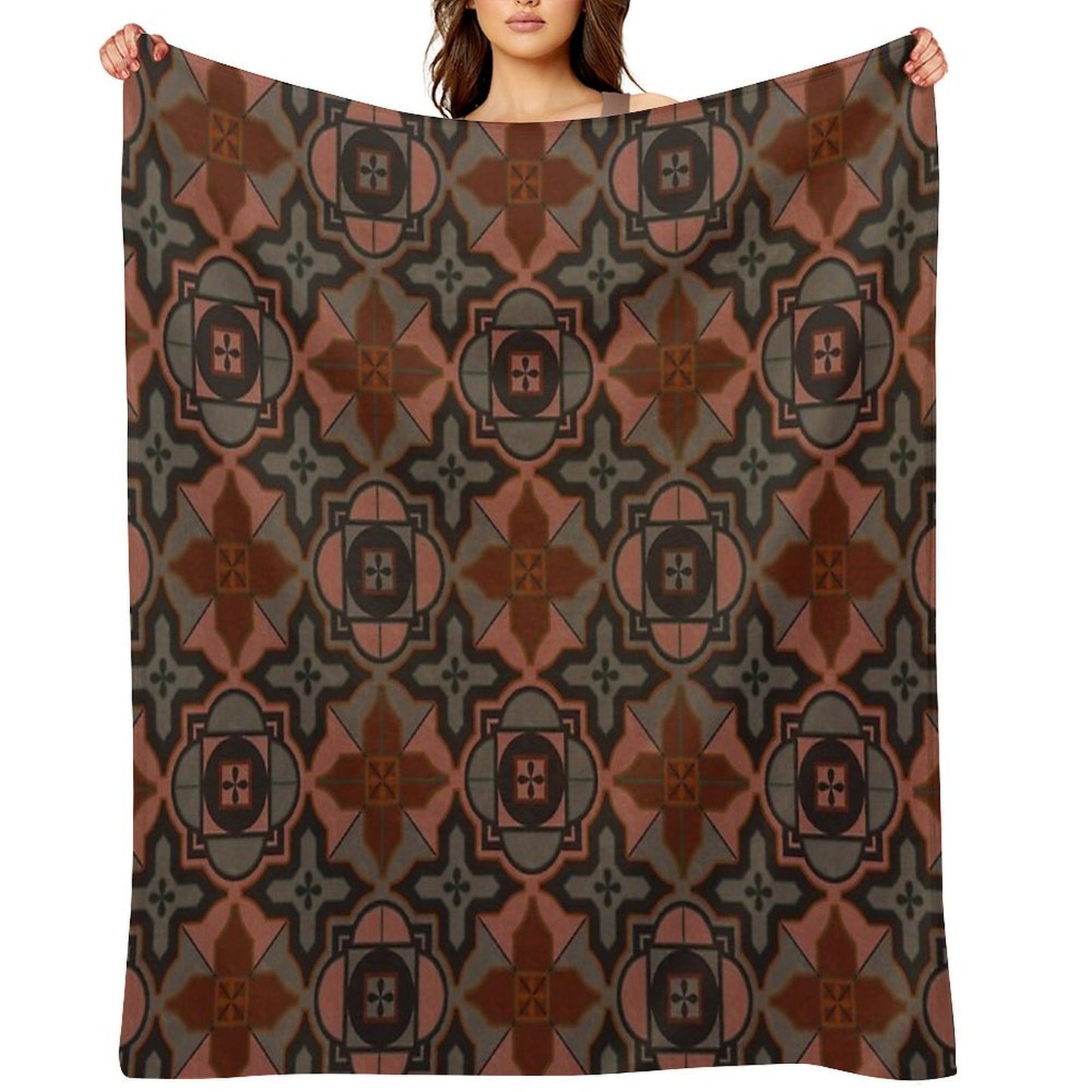 Muted Gray Acorn Brown Arabesque Style Tile Pattern Throw Blanket