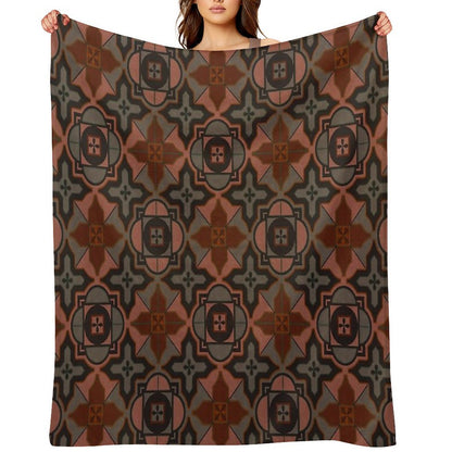 Muted Gray Acorn Brown Arabesque Style Tile Pattern Throw Blanket