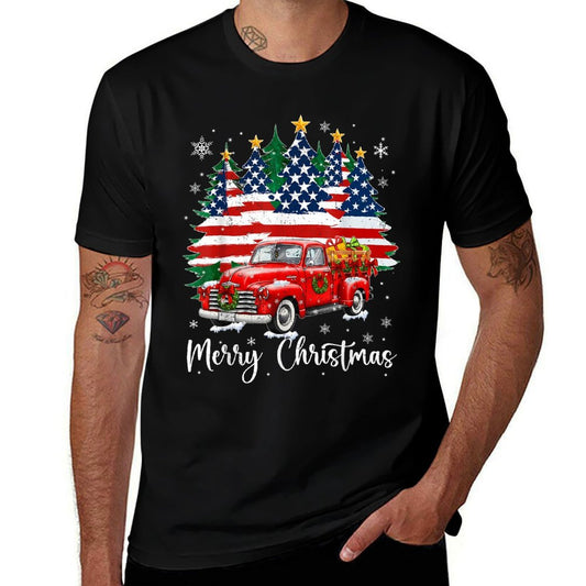 Merry Christmas Vintage Red Truck Us Tree Xmas Men  Ribbed Collar T-Shirt