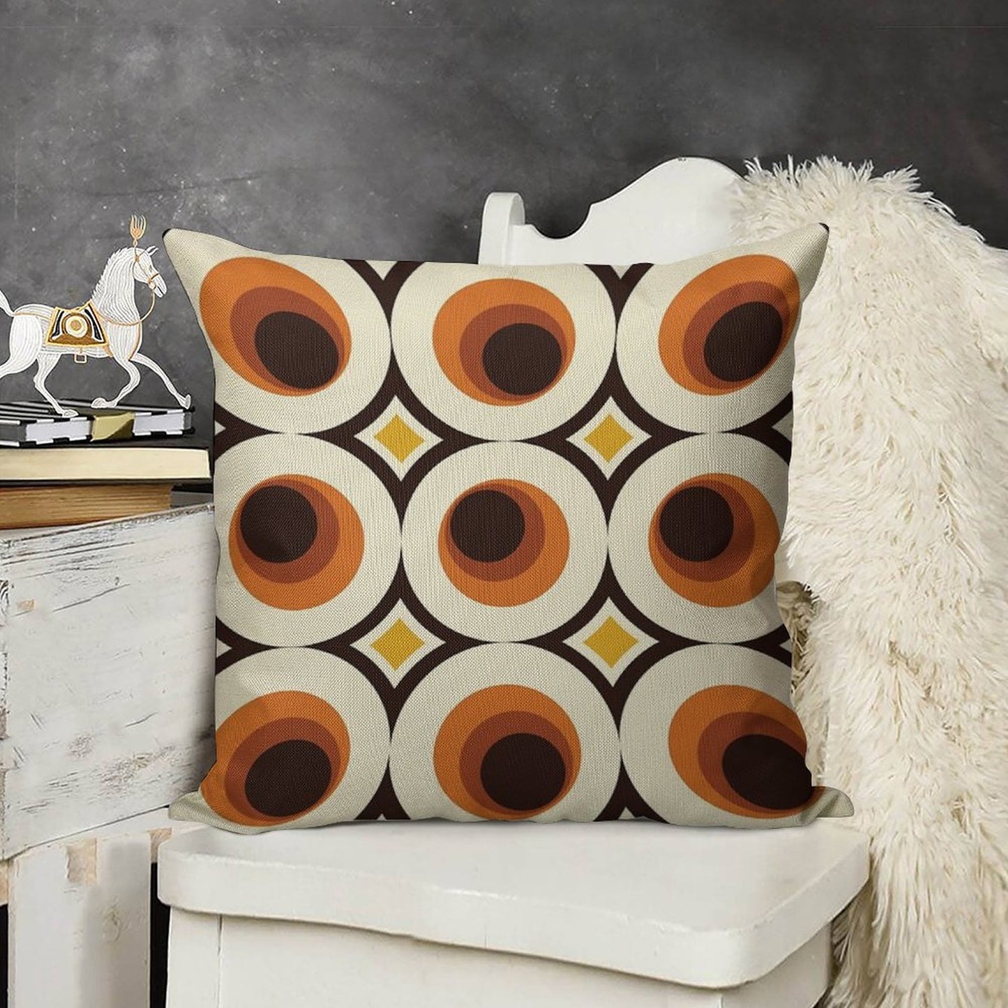 1970s Orange Mid-Century Modern Circle 1 Linen Throw Pillow Cover