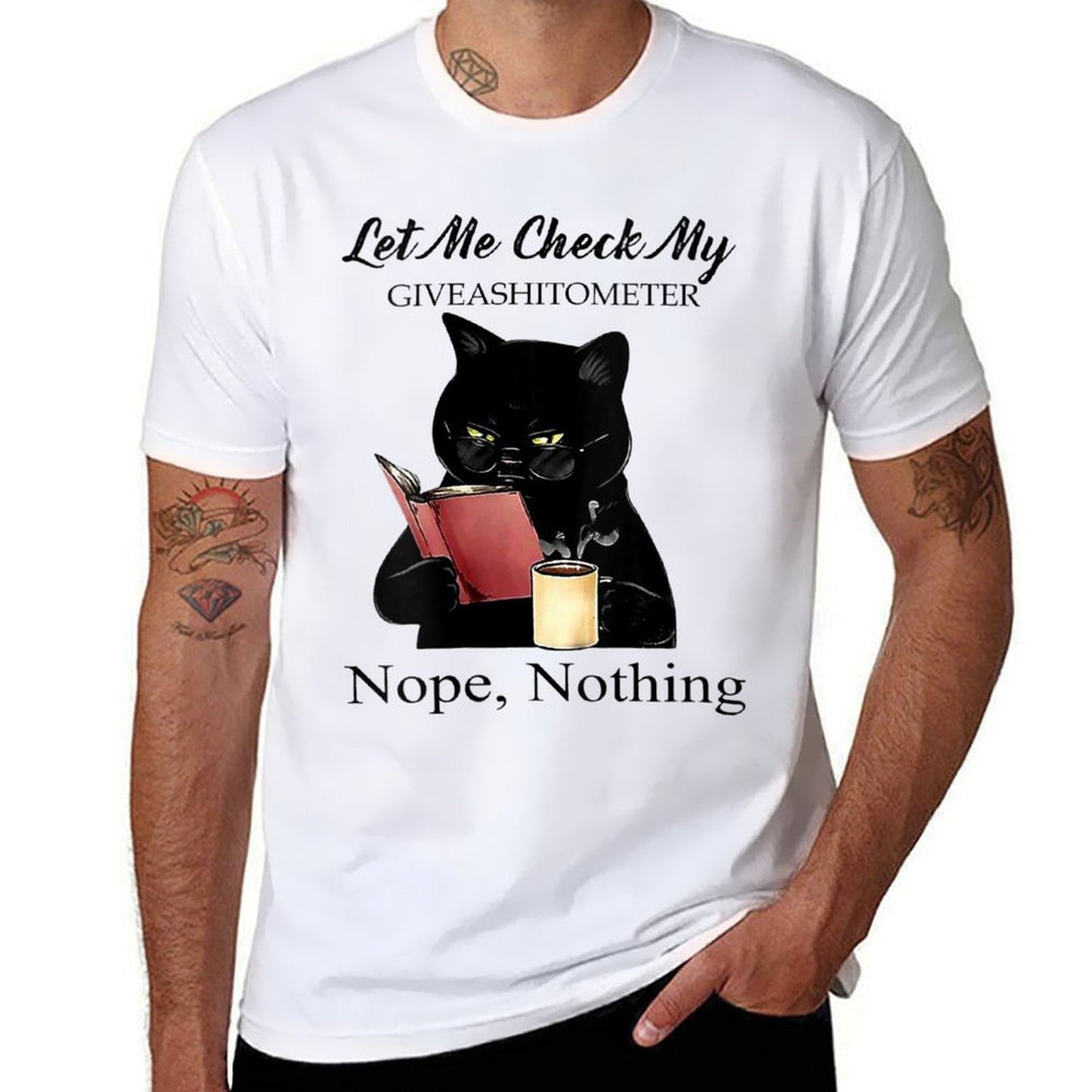 Womens Let Me Check My Giveashitometer Nope Nothing Black Cat  Trendy Pattern T-Shirt