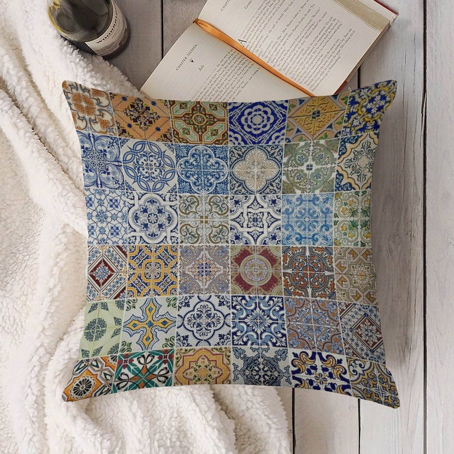 Set of 48 Ceramic Tiles Patterns Linen Throw Pillow Cover