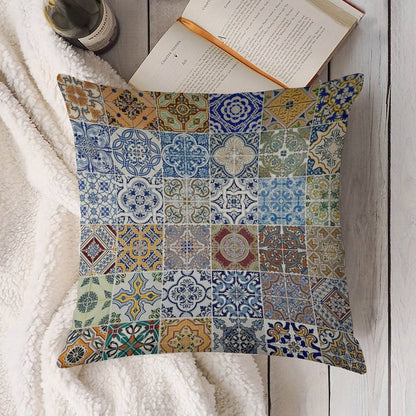 Set of 48 Ceramic Tiles Patterns Linen Throw Pillow Cover