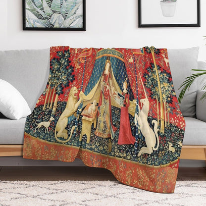 LADY AND THE UNICORN DESIRE ,Lion,Fantasy Flowers,Animals,Red Green Floral Tapestry Throw Blanket