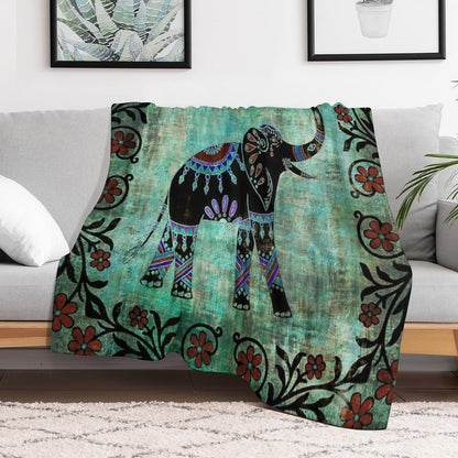 Indian Elephant Decorative Asian Floral Art Throw Blanket