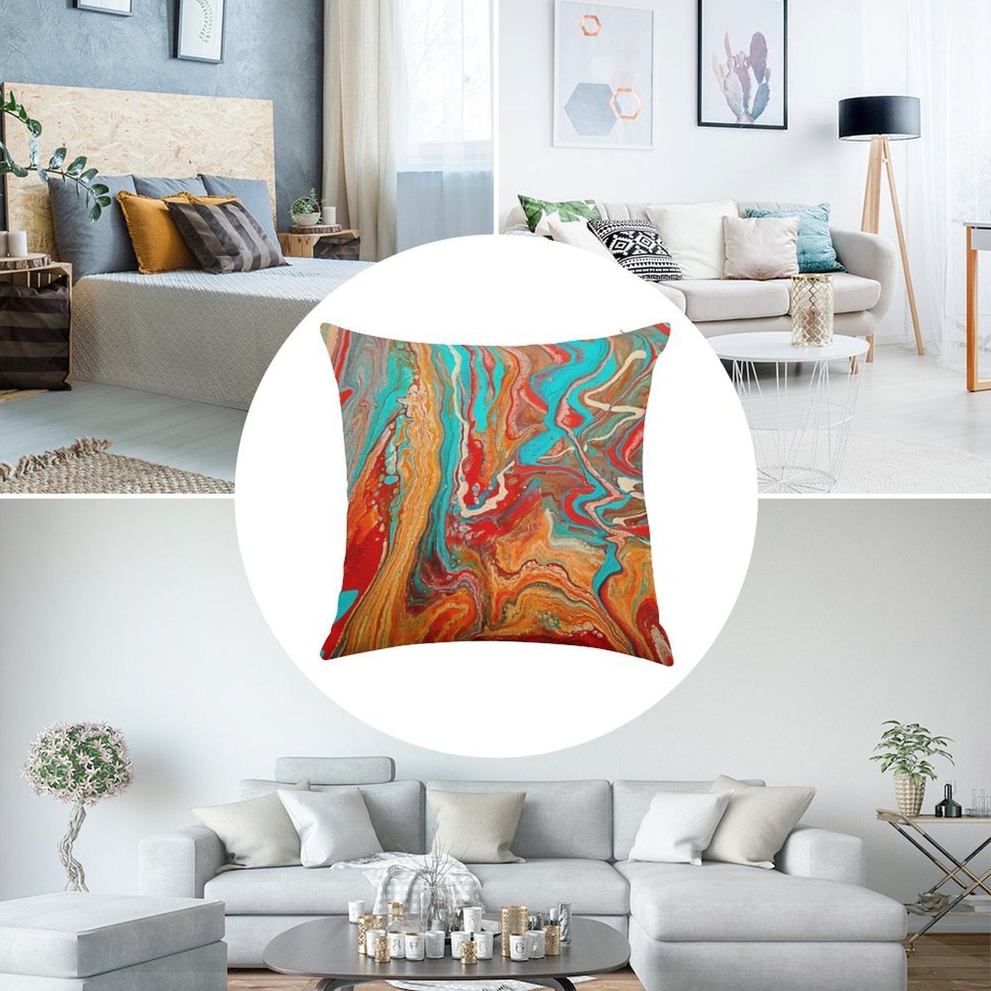 Red Orange Teal Paint Pour Linen Throw Pillow Cover
