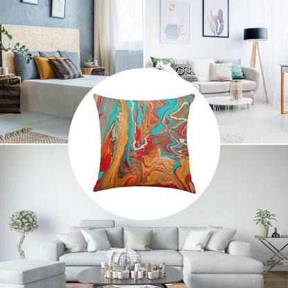 Red Orange Teal Paint Pour Linen Throw Pillow Cover