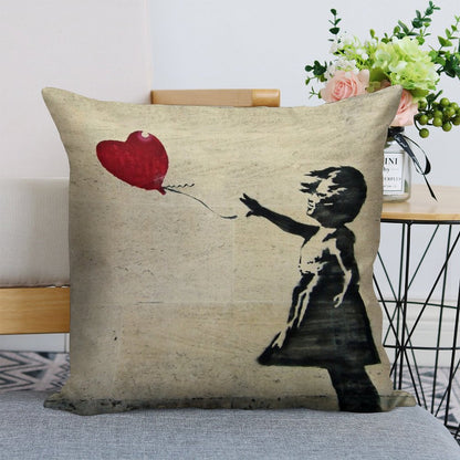Banksy's Girl with A Red Balloon III Linen Throw Pillow Cover