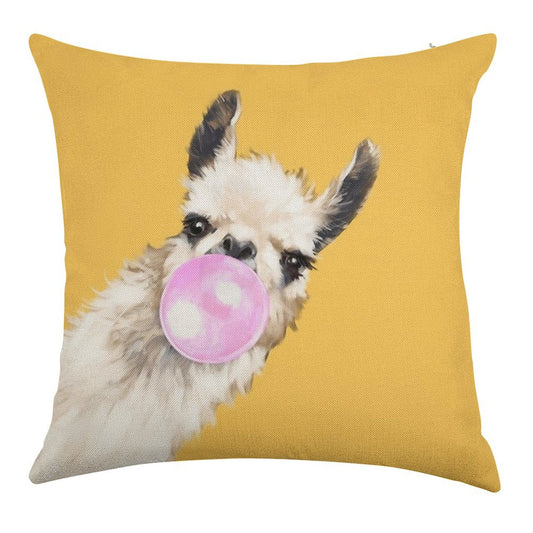 Bubble Gum Sneaky Llama in Mustard Yellow Linen Throw Pillow Cover