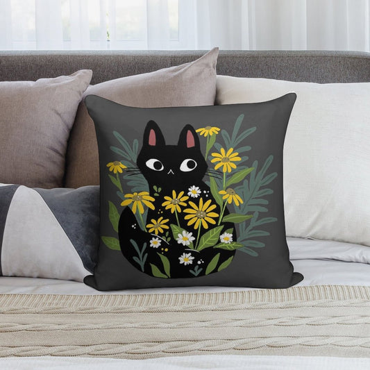 Black Cat with Flowers Soft Fade-Resistant Throw Pillow