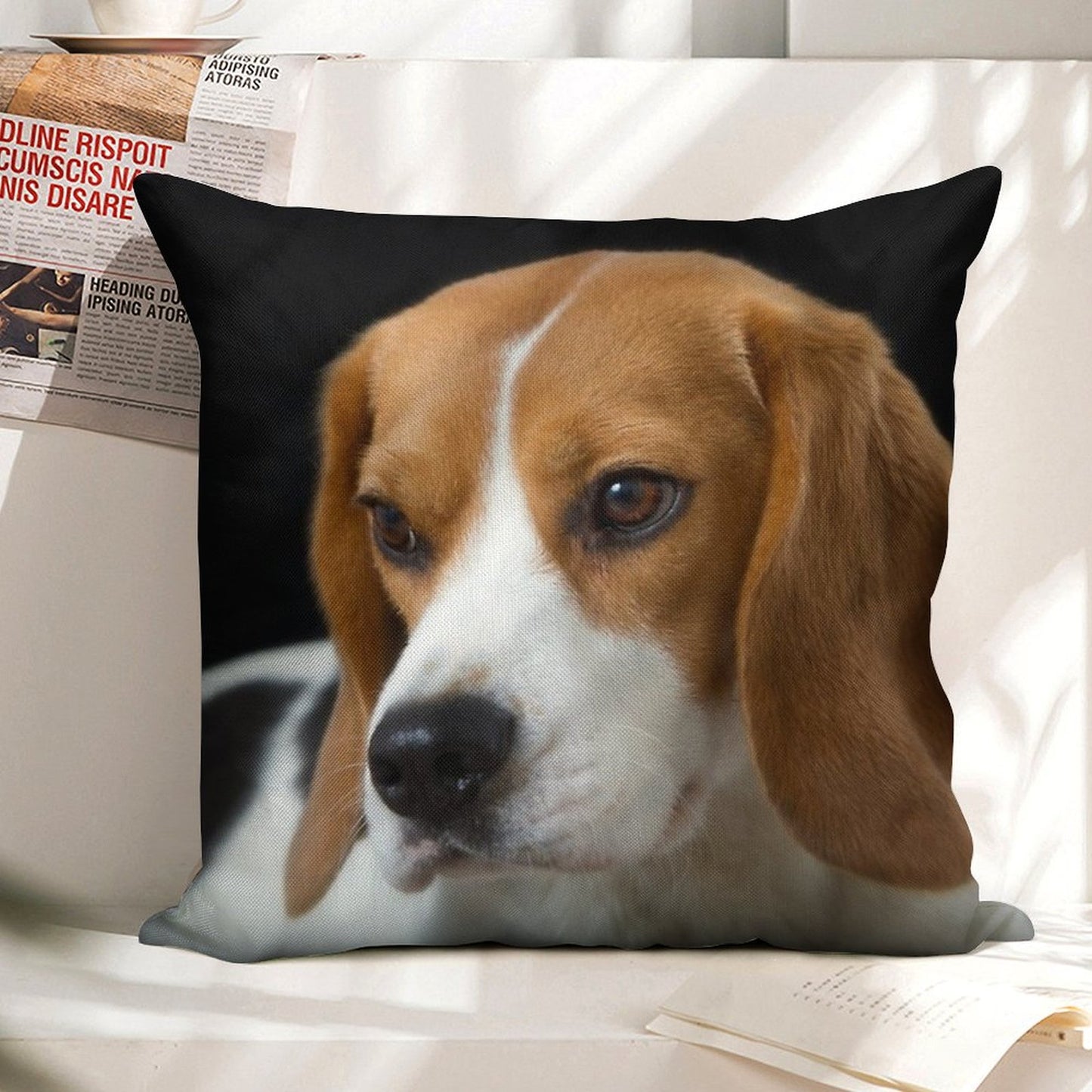 Beagle on The Black Linen Throw Pillow Cover
