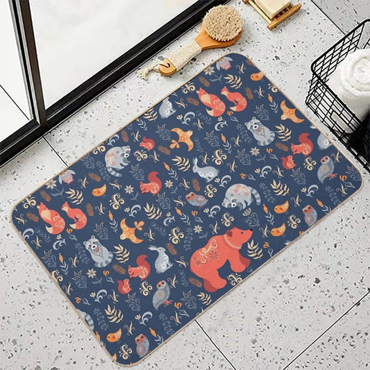 Fairy-tale Forest. Fox, Bear, Raccoon, Owls, Rabbits, Flowers And Herbs on A Blue Background.  Stain-Proof Bath Mat