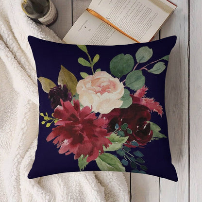 Navy, Burgundy And Blush Floral Art with Eucalyptus Linen Throw Pillow Cover