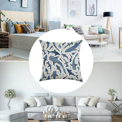 Monochrome Blue Watercolour Shark Ocean on White Linen Throw Pillow Cover