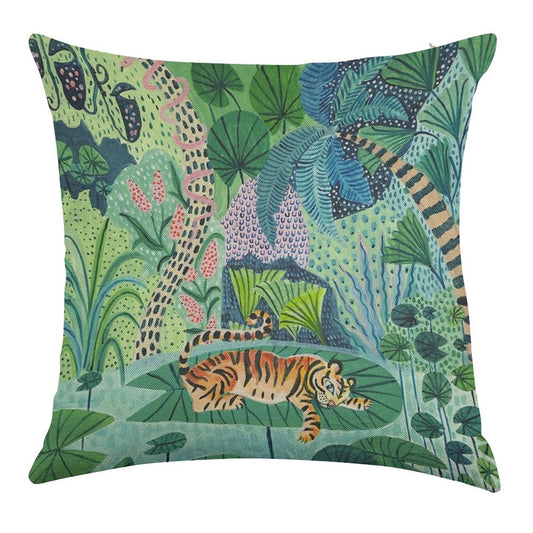 Jungle Tiger Linen Throw Pillow Cover