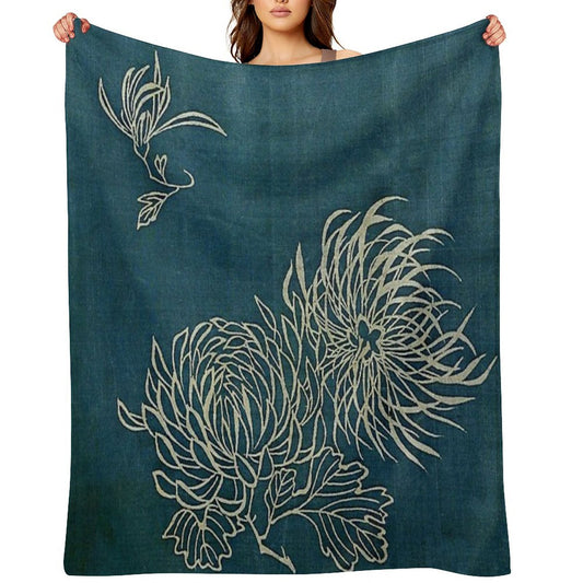Japanese Textile Blue And White Lotus Flower Throw Blanket