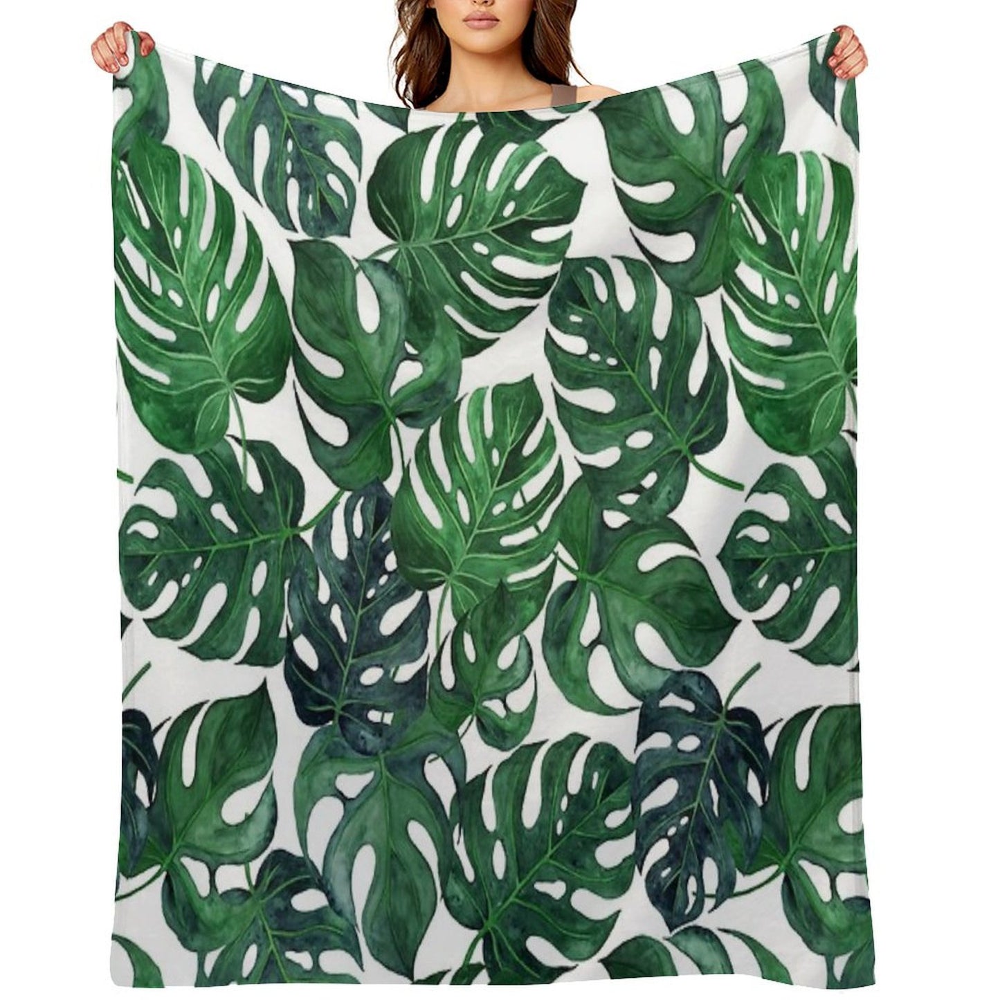 Tropical Monstera Leaves - Dark Emerald Green Throw Blanket
