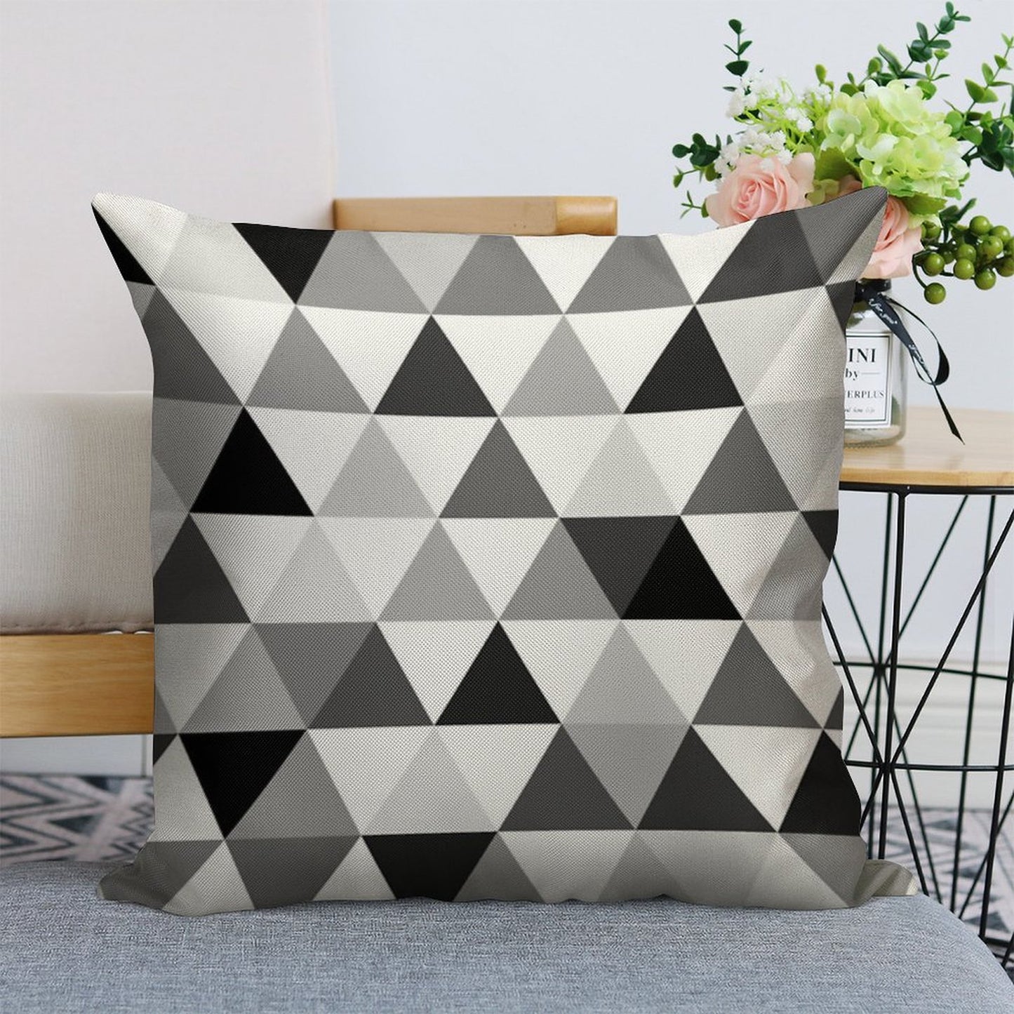 Triangles in Black, Grey And White Linen Throw Pillow Cover