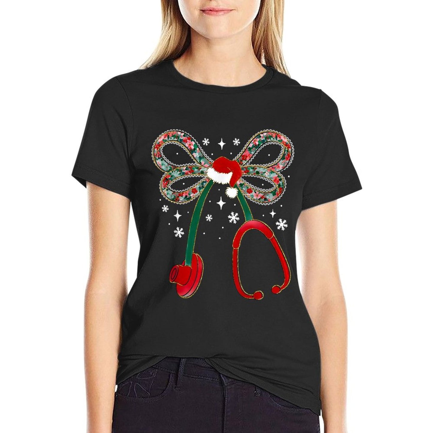 Stethoscope Nurse Coquette Bow Christmas Xmas Pajama Holiday  Cotton T-Shirt