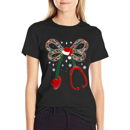 Stethoscope Nurse Coquette Bow Christmas Xmas Pajama Holiday  Cotton T-Shirt