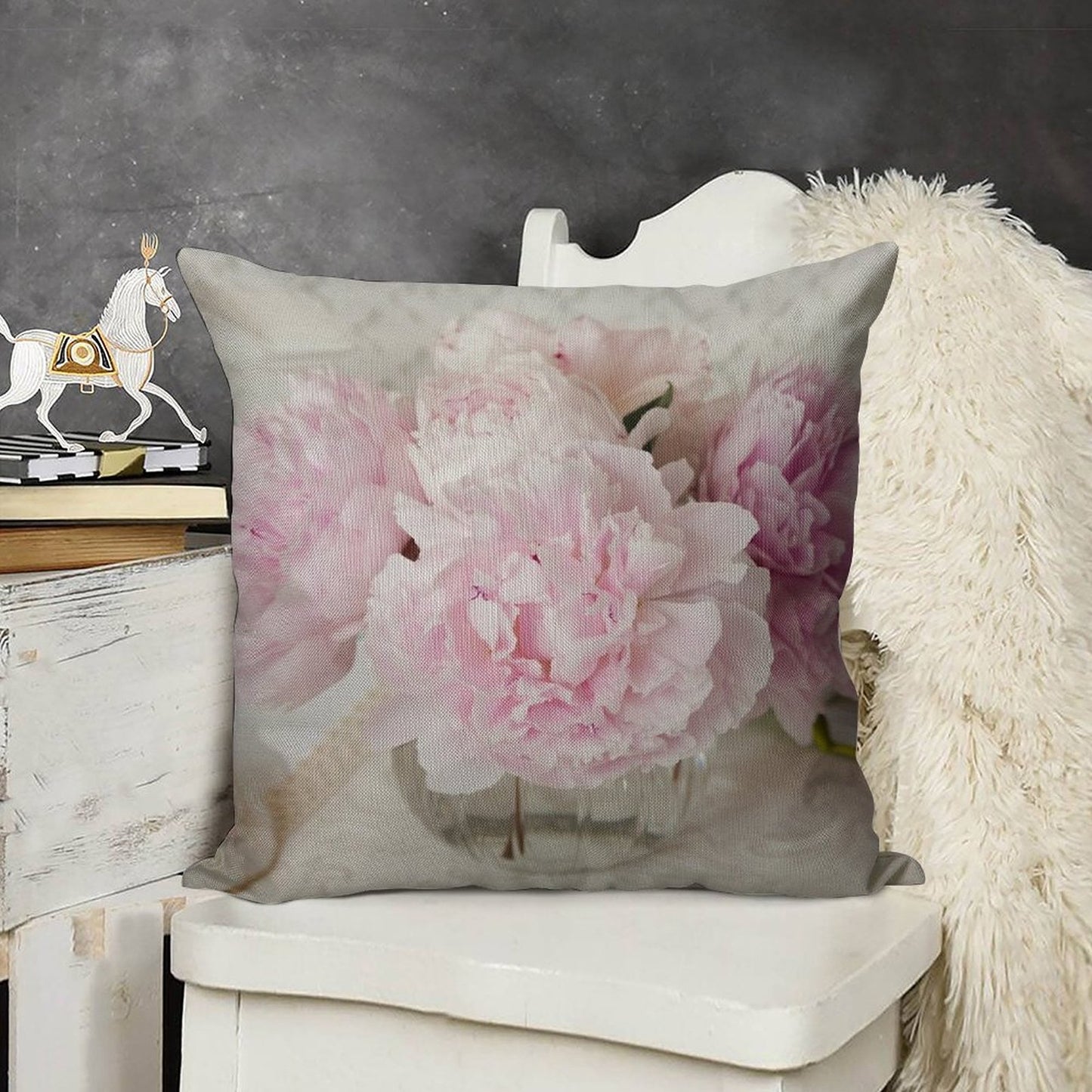 Pink Peonies Linen Throw Pillow Cover