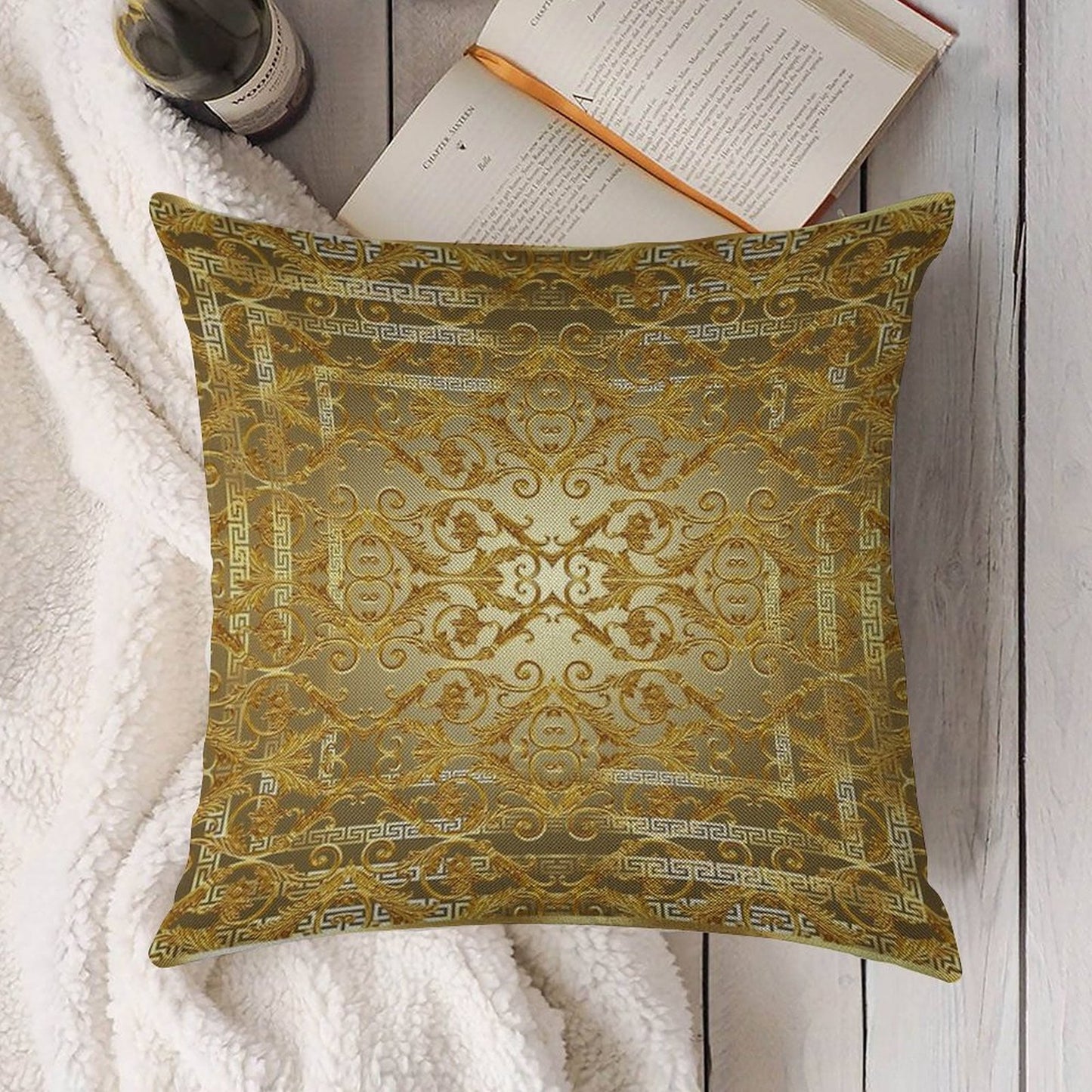 Greek Keys 4 Golden Baroque Style Linen Throw Pillow Cover