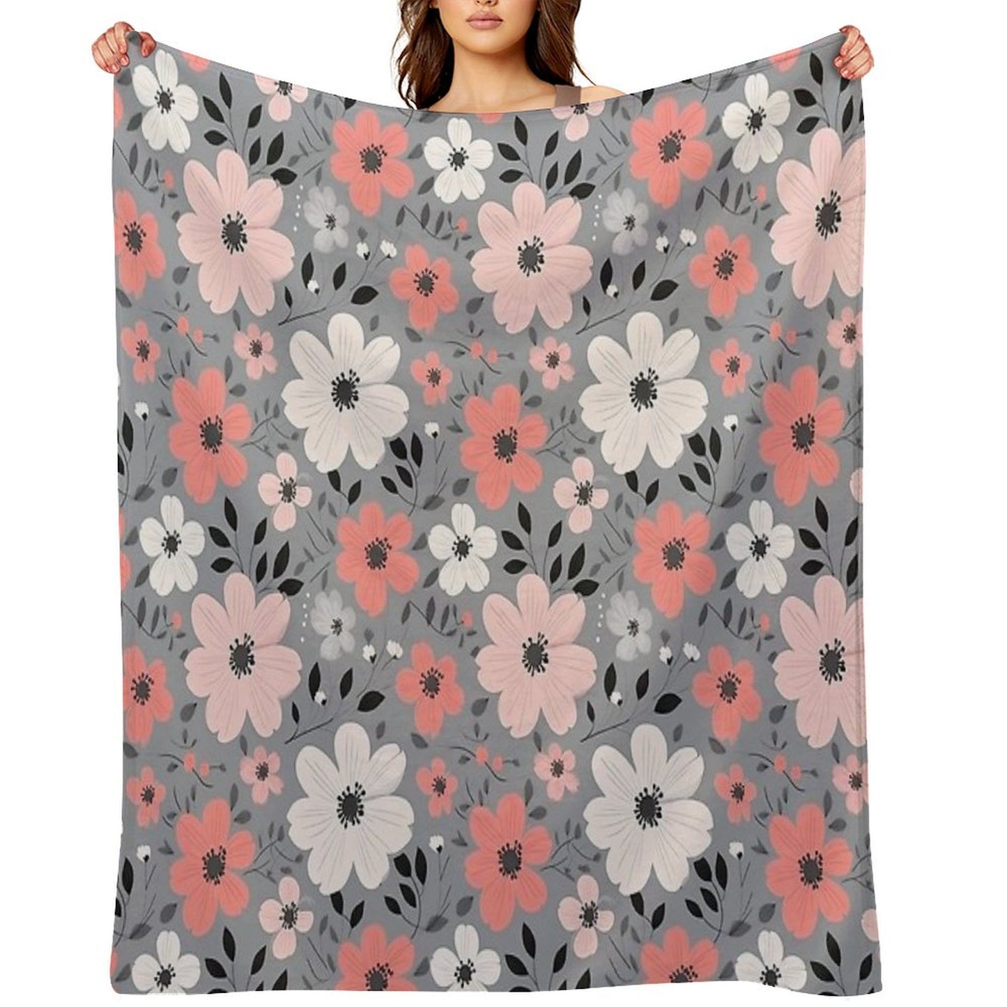 Pink Salmon White Grey Flowers Grey Background Pattern Throw Blanket