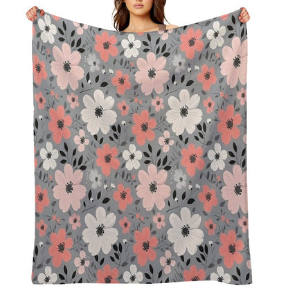 Pink Salmon White Grey Flowers Grey Background Pattern Throw Blanket