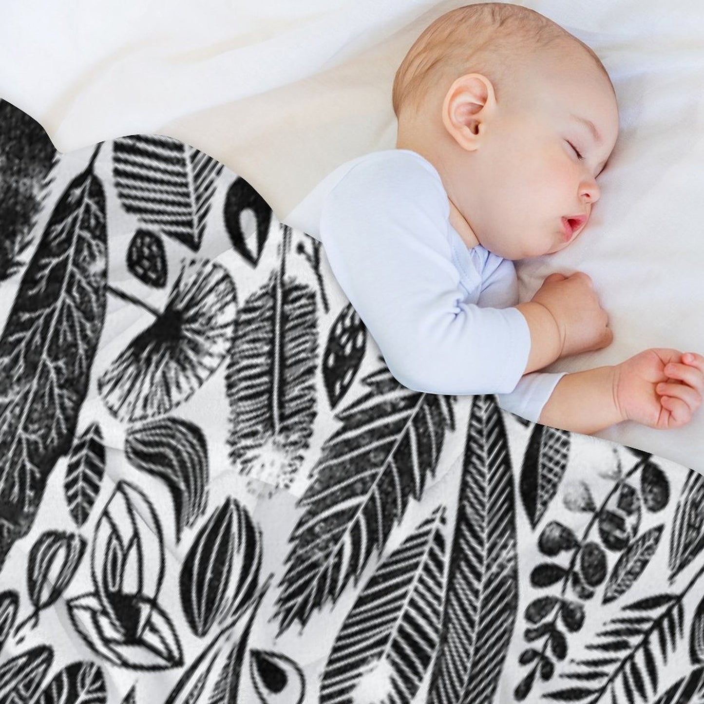 Mixed Leaves, Lino Cut Printed Nature Inspired Hand Printed Pattern Throw Blanket