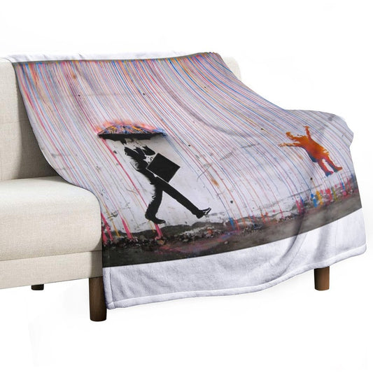 Banksy Umbrella Rainbow Happy Girl Throw Blanket