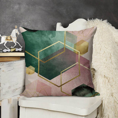 Emerald Green And Pink Geo No 1 Linen Throw Pillow Cover