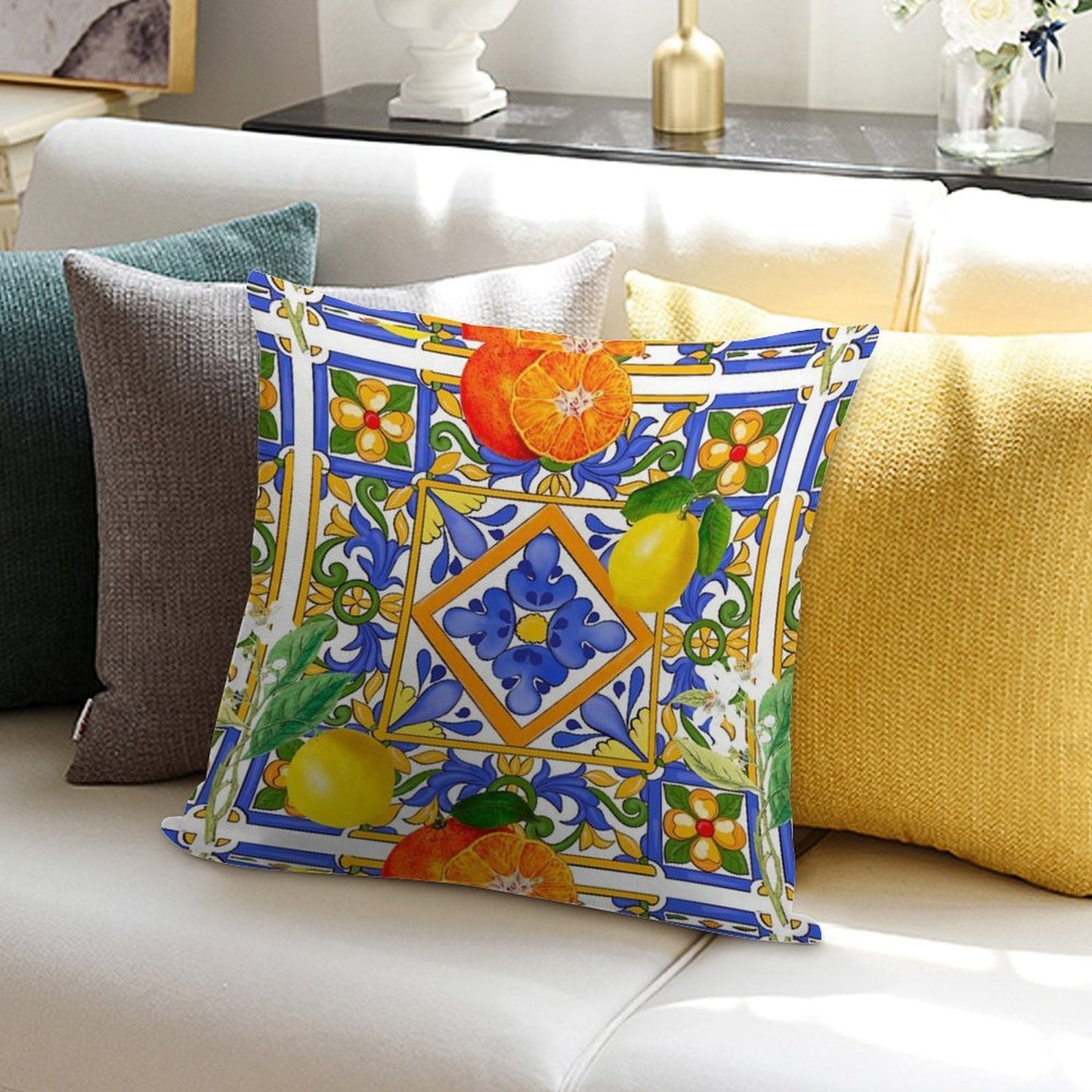Summer ,Sicilian Tiles ,citrus,oranges,majolica,lemons ,Mediterranean Soft Gift Ready Throw Pillow