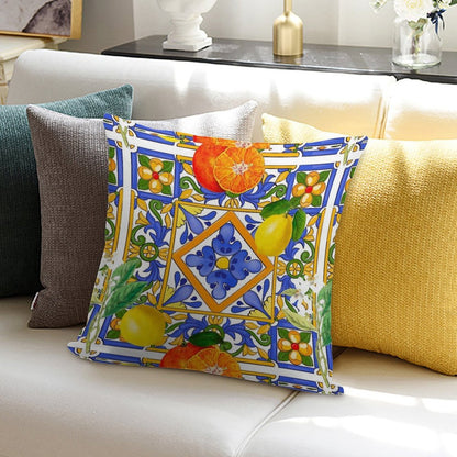 Summer ,Sicilian Tiles ,citrus,oranges,majolica,lemons ,Mediterranean Soft Gift Ready Throw Pillow