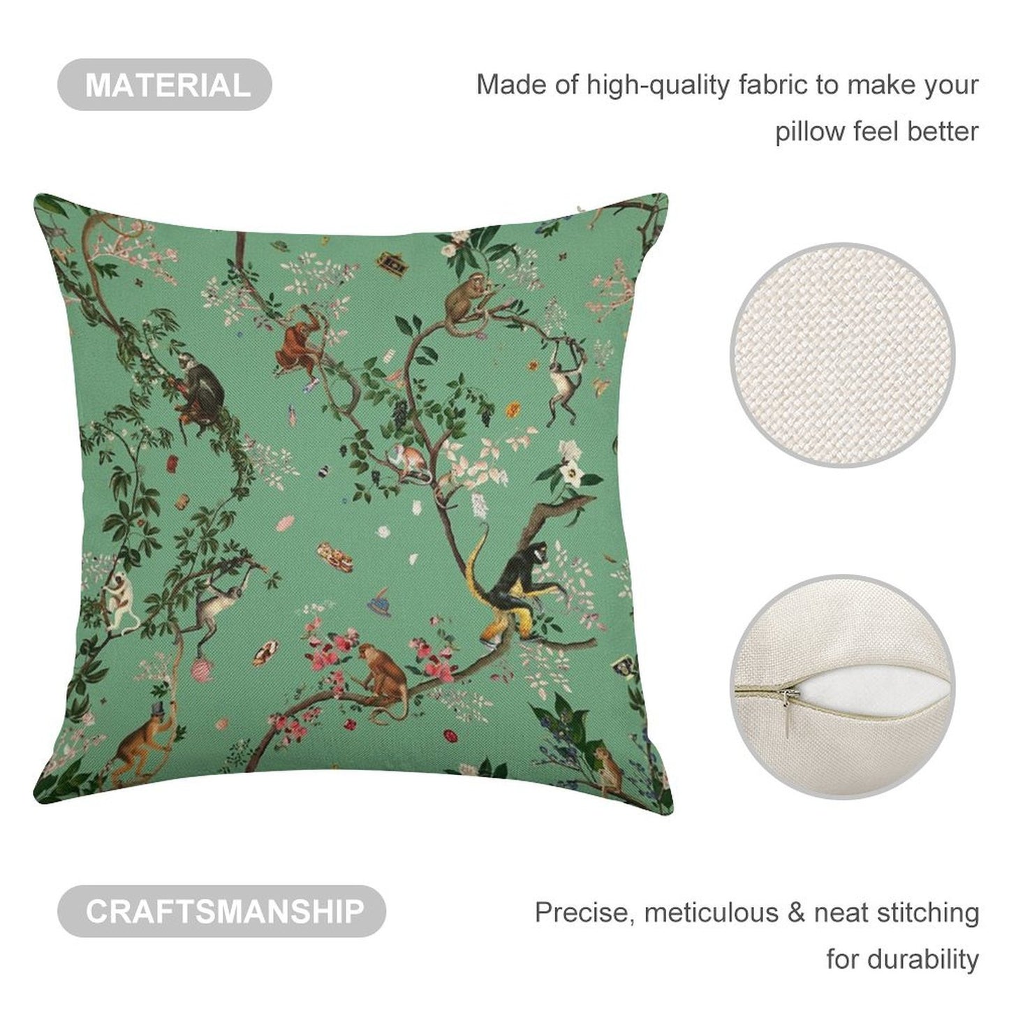 Monkey World Green Linen Throw Pillow Cover