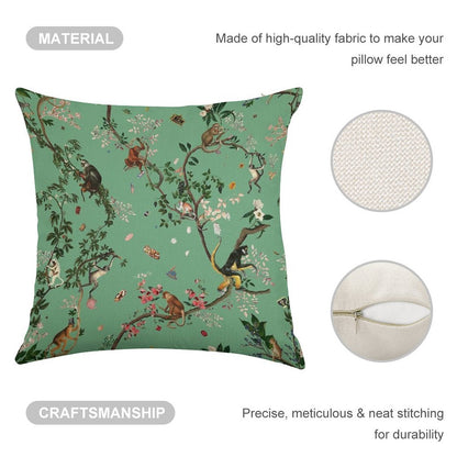 Monkey World Green Linen Throw Pillow Cover