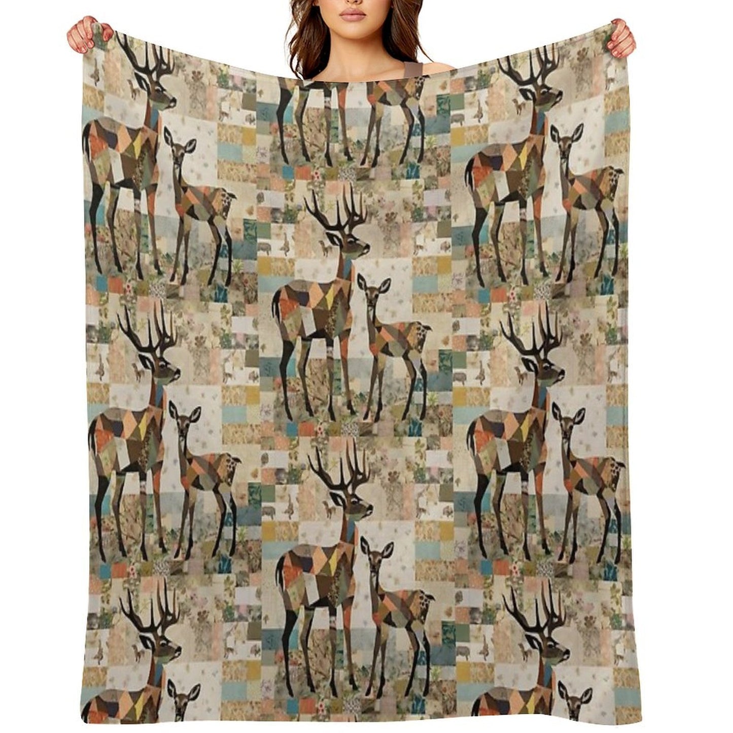 Patchwork Collage Deer with Deer, Art Color Illustration Throw Blanket