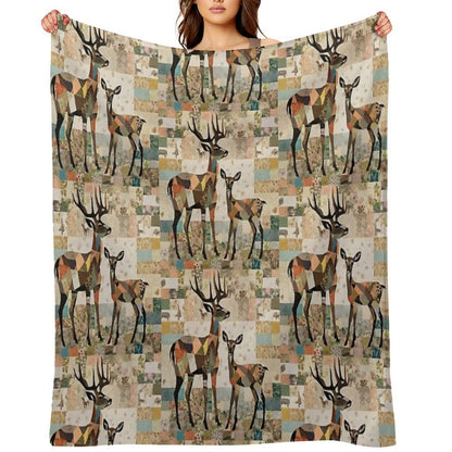 Patchwork Collage Deer with Deer, Art Color Illustration Throw Blanket