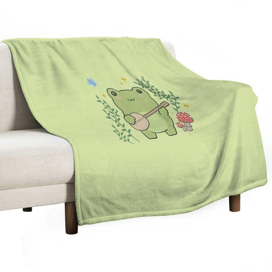 Kawaii Frog Playing Banjo Toad Cottagecore Aesthetic Mushroom And Blue Butterfly Throw Blanket